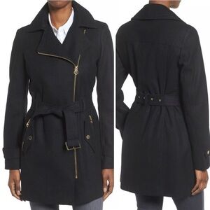 MICHAEL Michael Kors Black Trench Coat with Gold Accents